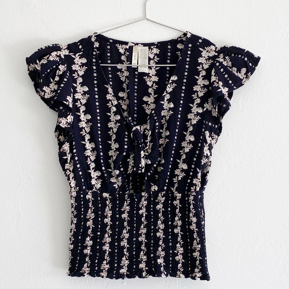 Black Blouse Cream Floral Top With Ruffle Sleeves
